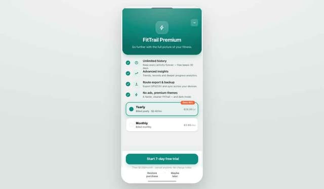 FitTrail Premium screen showing subscription options