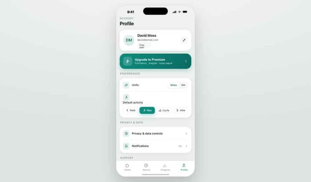 FitTrail profile screen with settings and premium upgrade